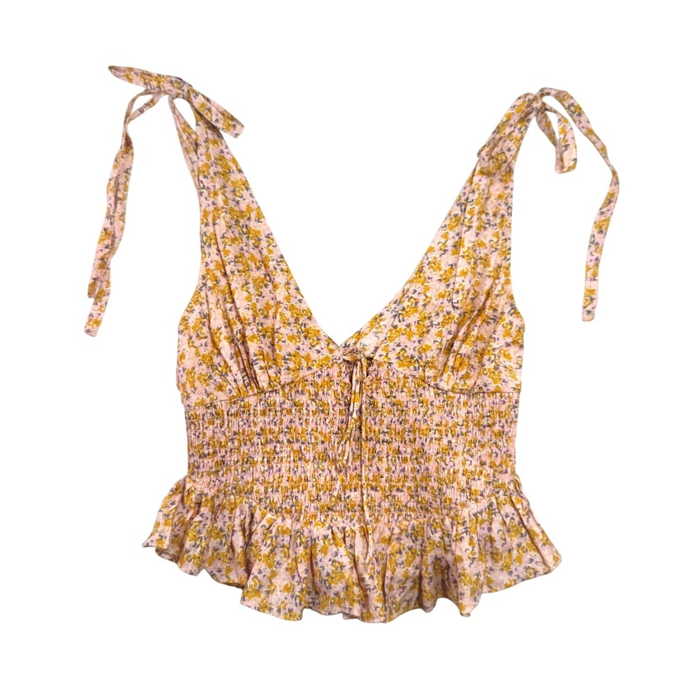 Lush Peplum Crop Top Womens Small Pink Yellow Ditsy Floral Cottagecore Coquette